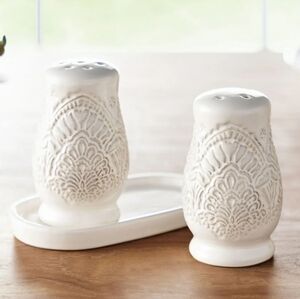 💜 2025 Pioneer Woman Vintage Lace Cream Salt and Pepper Shaker Set
